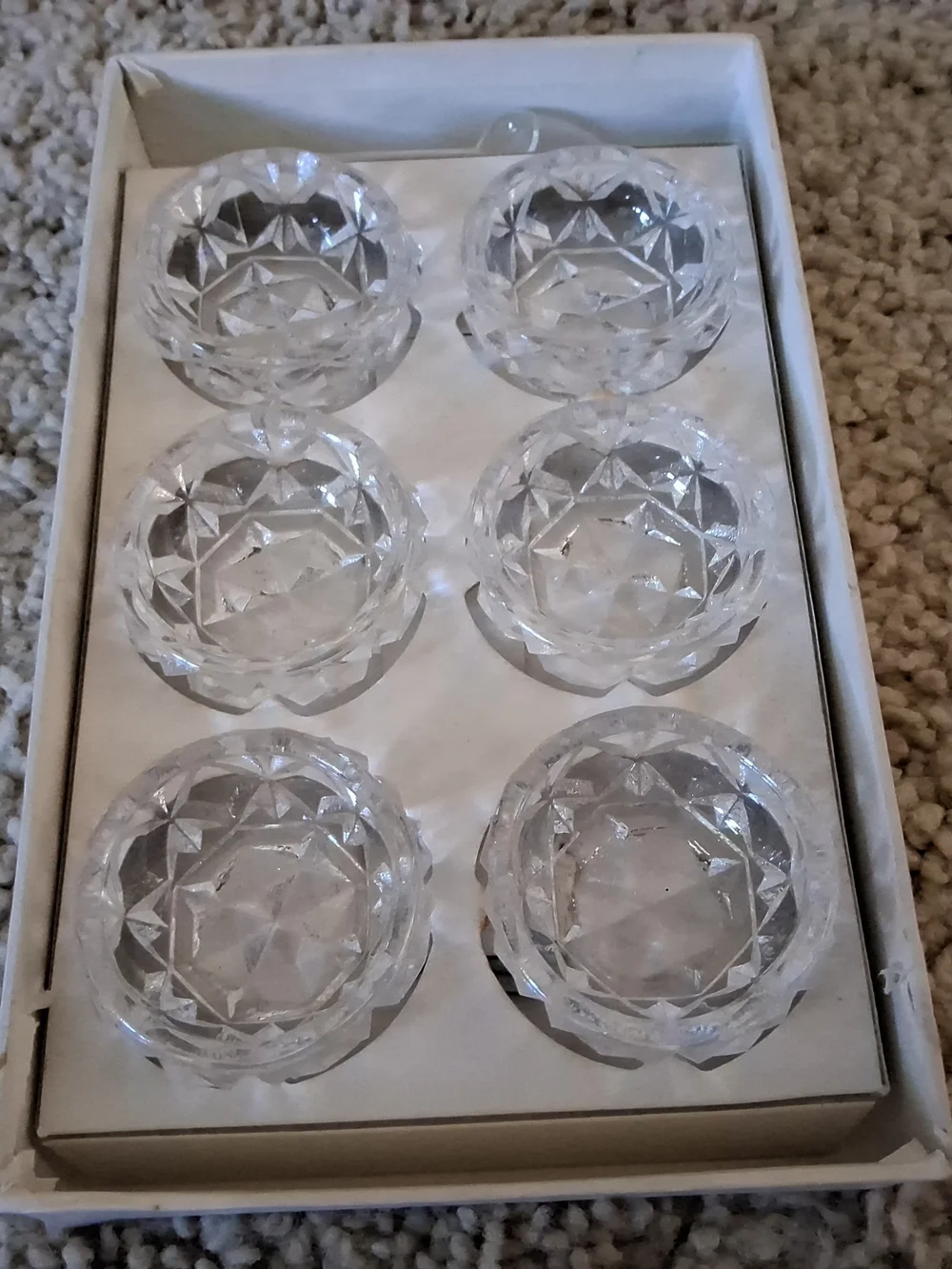 Vtg Set of 6 Salt Crystal Bowls & 2 Spoons Cut Glass Made in Japan w/Box